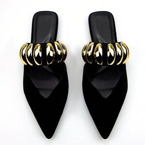 Black Suede Flat Shoes With Gold Embellishment